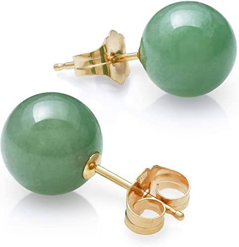 14k Yellow Gold Natural Green Jade Round Stud Earrings - 8mm