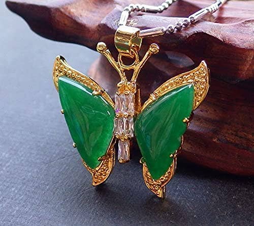 Butterfly Pure Jade with Cuban Link chain 14K over Sterling Silver