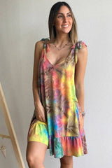 Tie-Dye Ruffle Hem Strap Tie-Shoulder