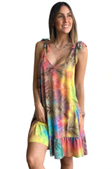 Tie-Dye Ruffle Hem Strap Tie-Shoulder