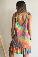 Tie-Dye Ruffle Hem Strap Tie-Shoulder