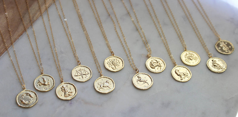 Gold Zodiac Necklace Coin Disk